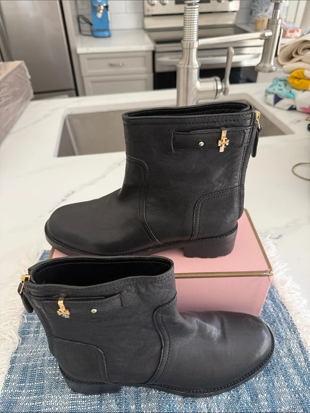 Tory Burch Black Leather Zip-Back Ankle Boots with Gold Hardware